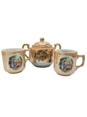 Vintage Japanese Lusterware Tea Set With Floral & Laurel Leaf Farm Scene JE111